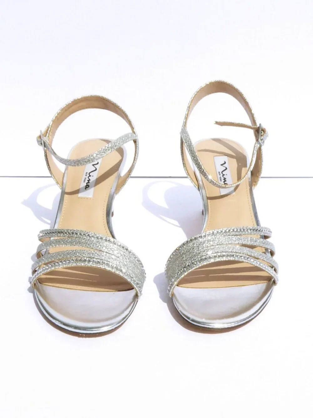Nina New York silver rhinestone glitter strappy ankle strap heels size 8.5